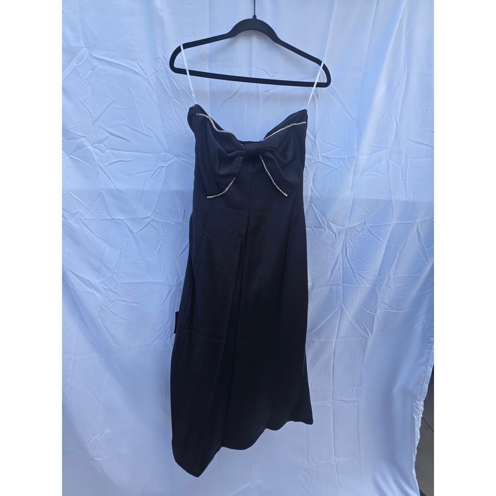 Lulus Black Strapless Midi Dress Rhinestone Bow Back Cocktail Formal Size Medium